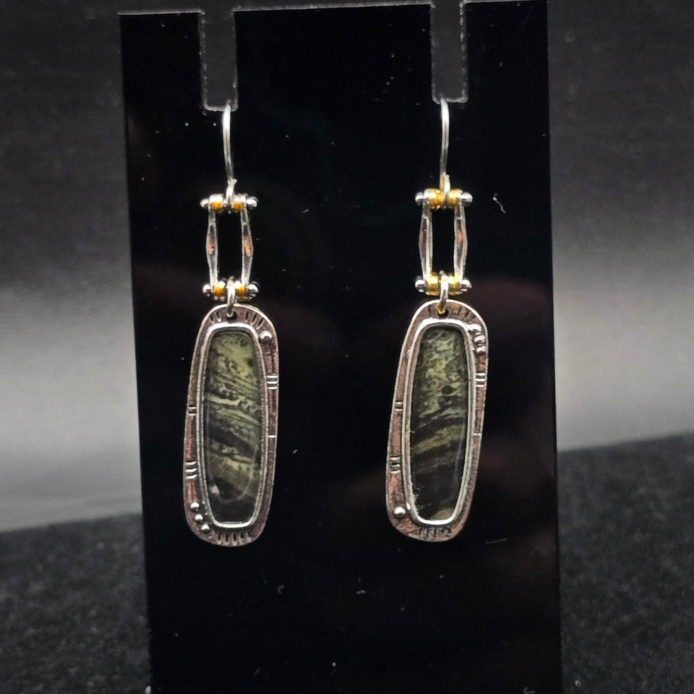 Maggie J Sterling Silver Earrings Dangling Green Inlay Brutalist Modernist